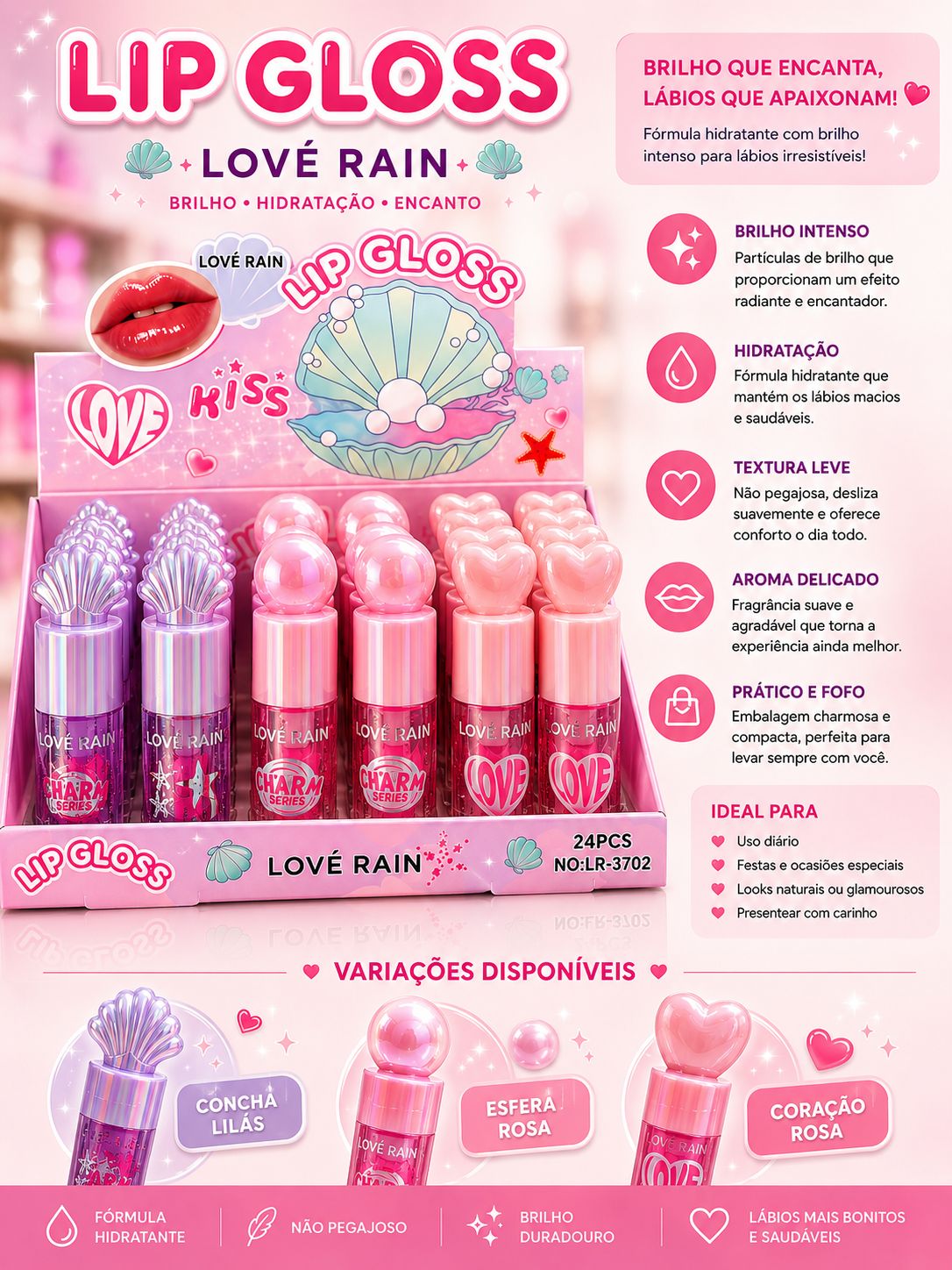 Lip Gloss Love Rain Brilho Intenso Hidratante Charm Series